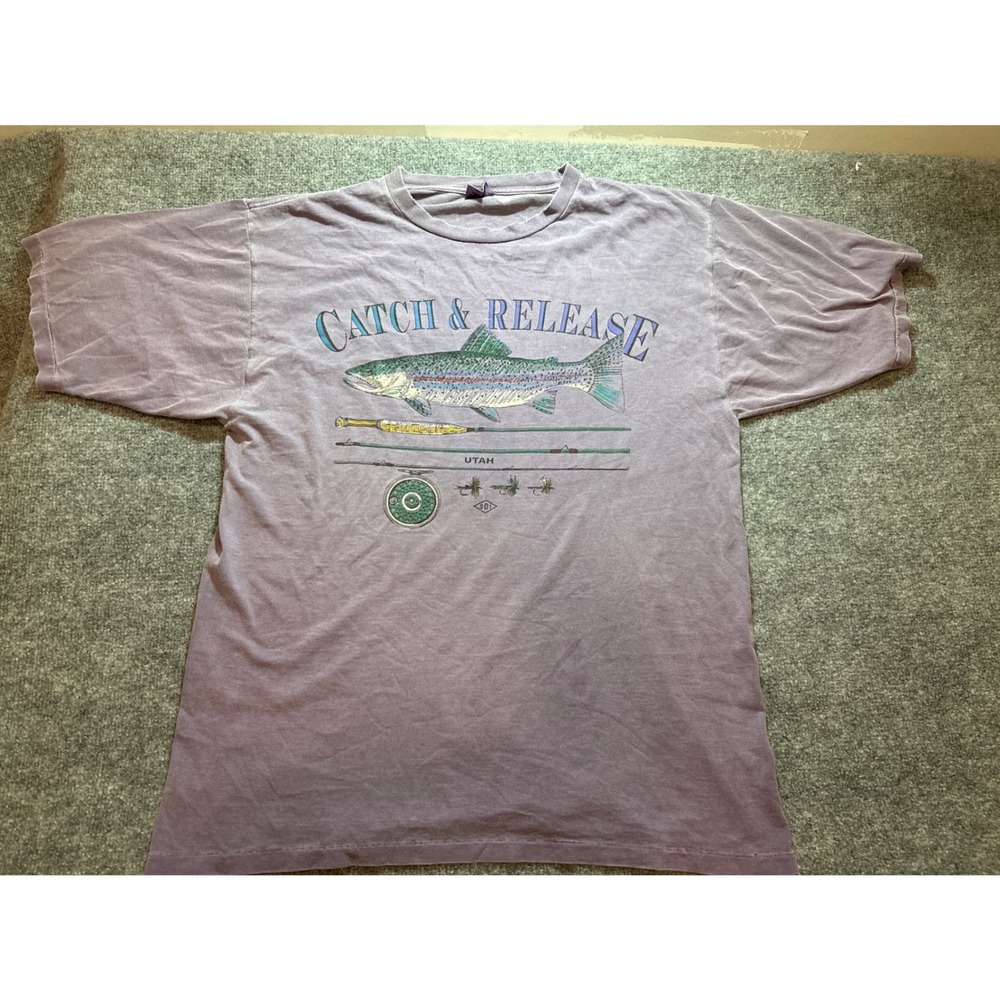 Vintage 90s Catch & Release Utah Fly Fishing Men's T L Made USA 100% Cotton
